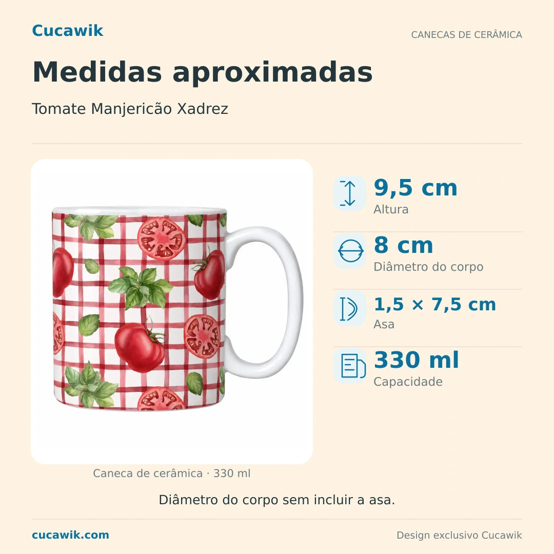 Caneca de Cerâmica Tomate Manjericão Xadrez — Medidas | Cucawik