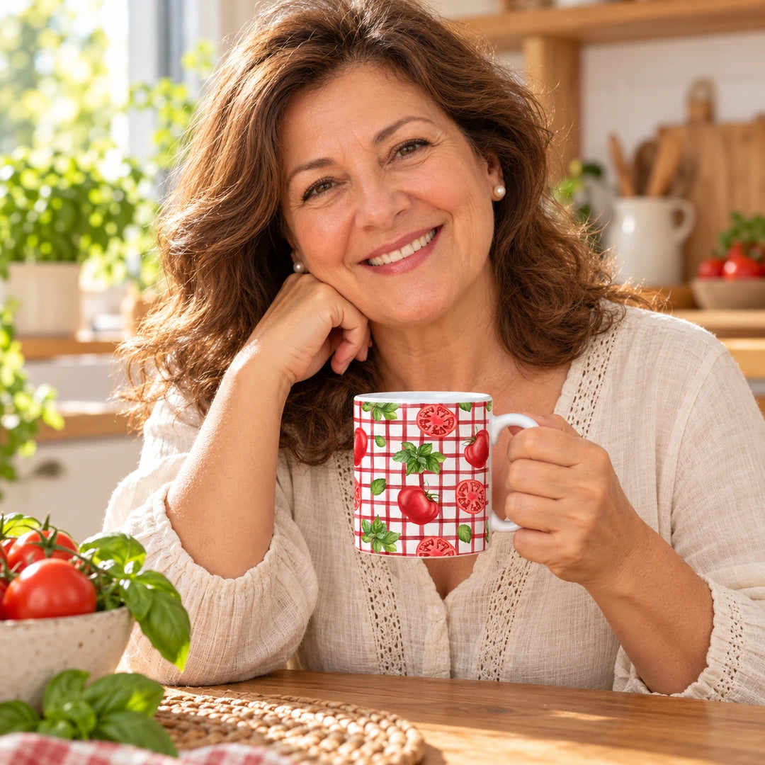 Caneca de Cerâmica Tomate Manjericão Xadrez — Utilização | Cucawik