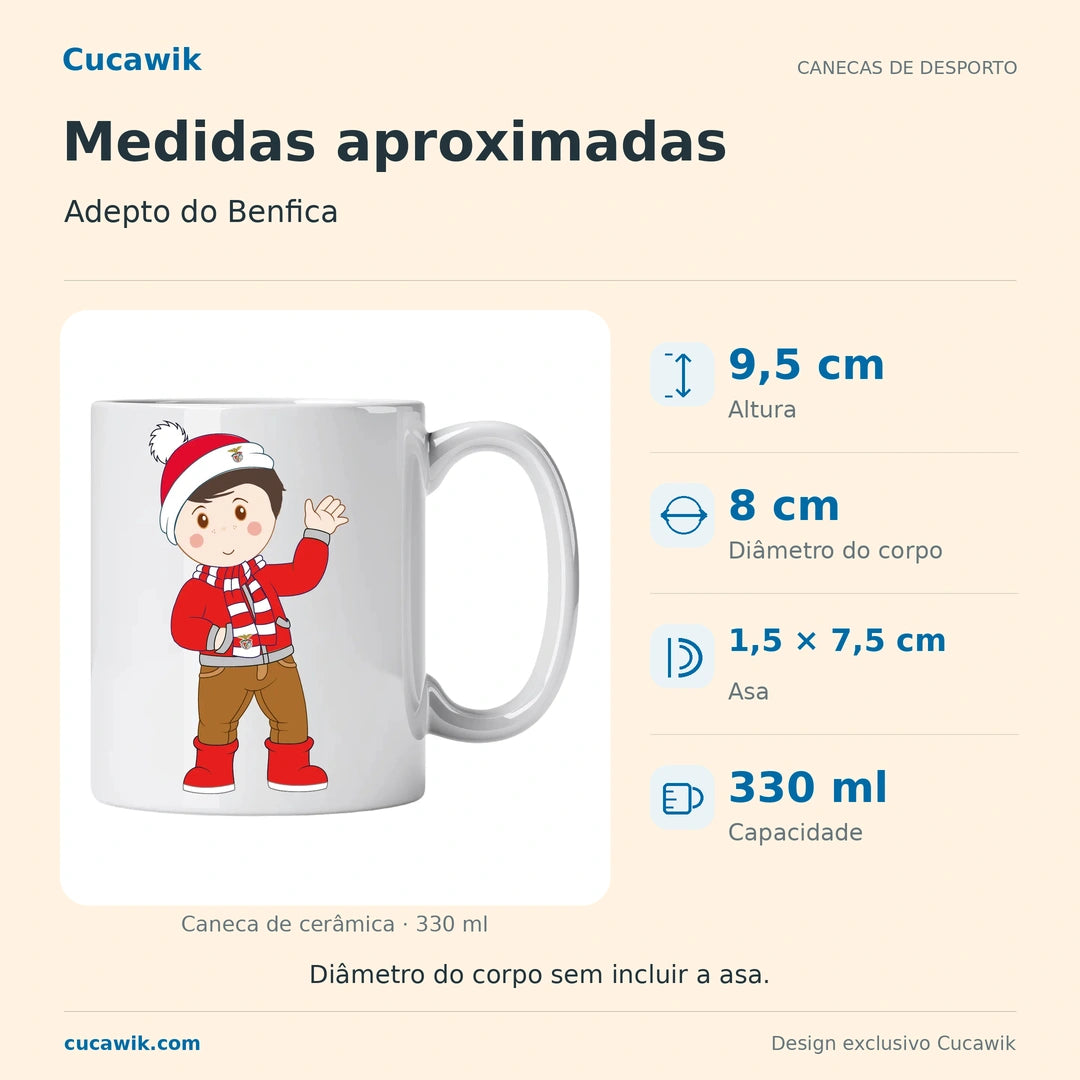 Caneca de Cerâmica Adepto do Benfica — Medidas aproximadas | Cucawik