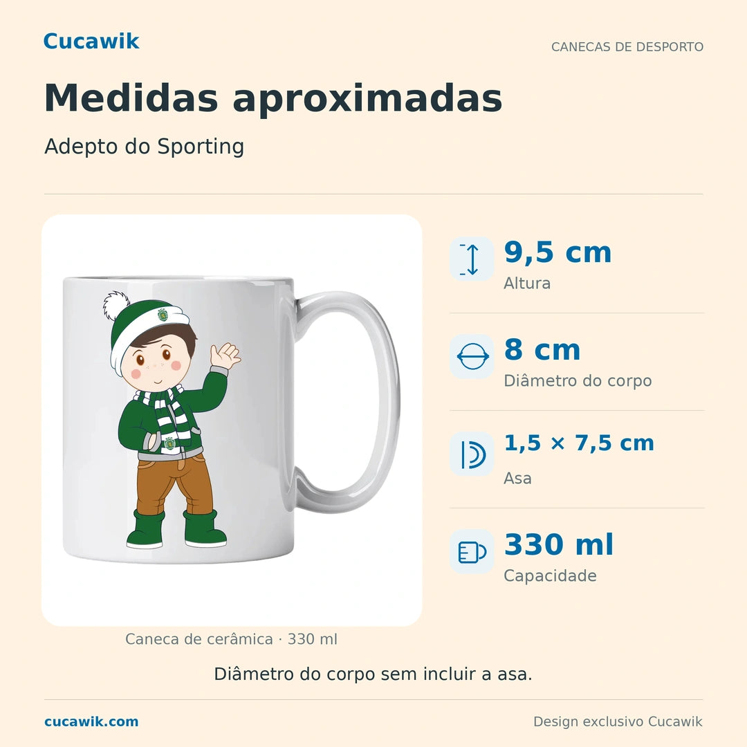 Caneca de Cerâmica Adepto do Sporting — Medidas aproximadas | Cucawik