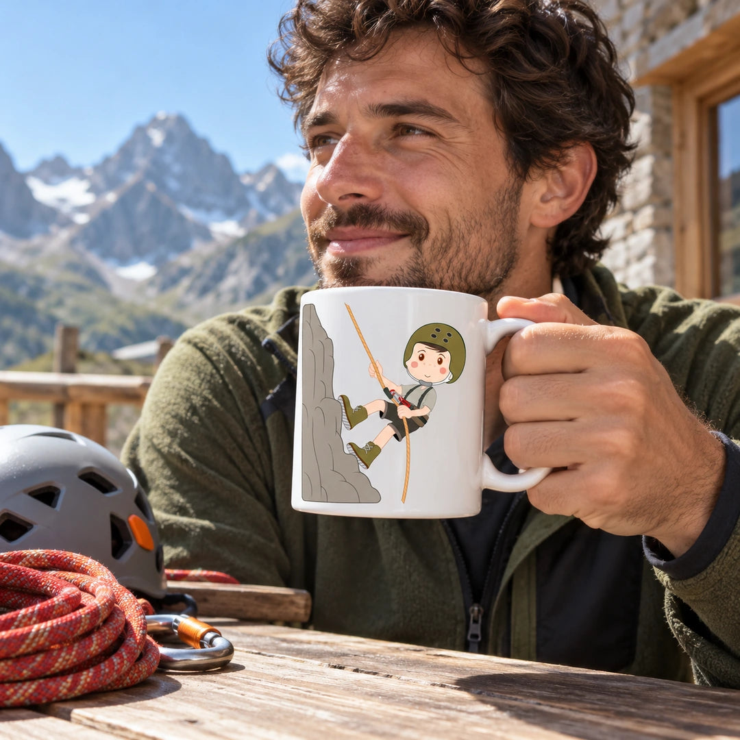 Caneca de Cerâmica Alpinista Homem em utilização | Cucawik