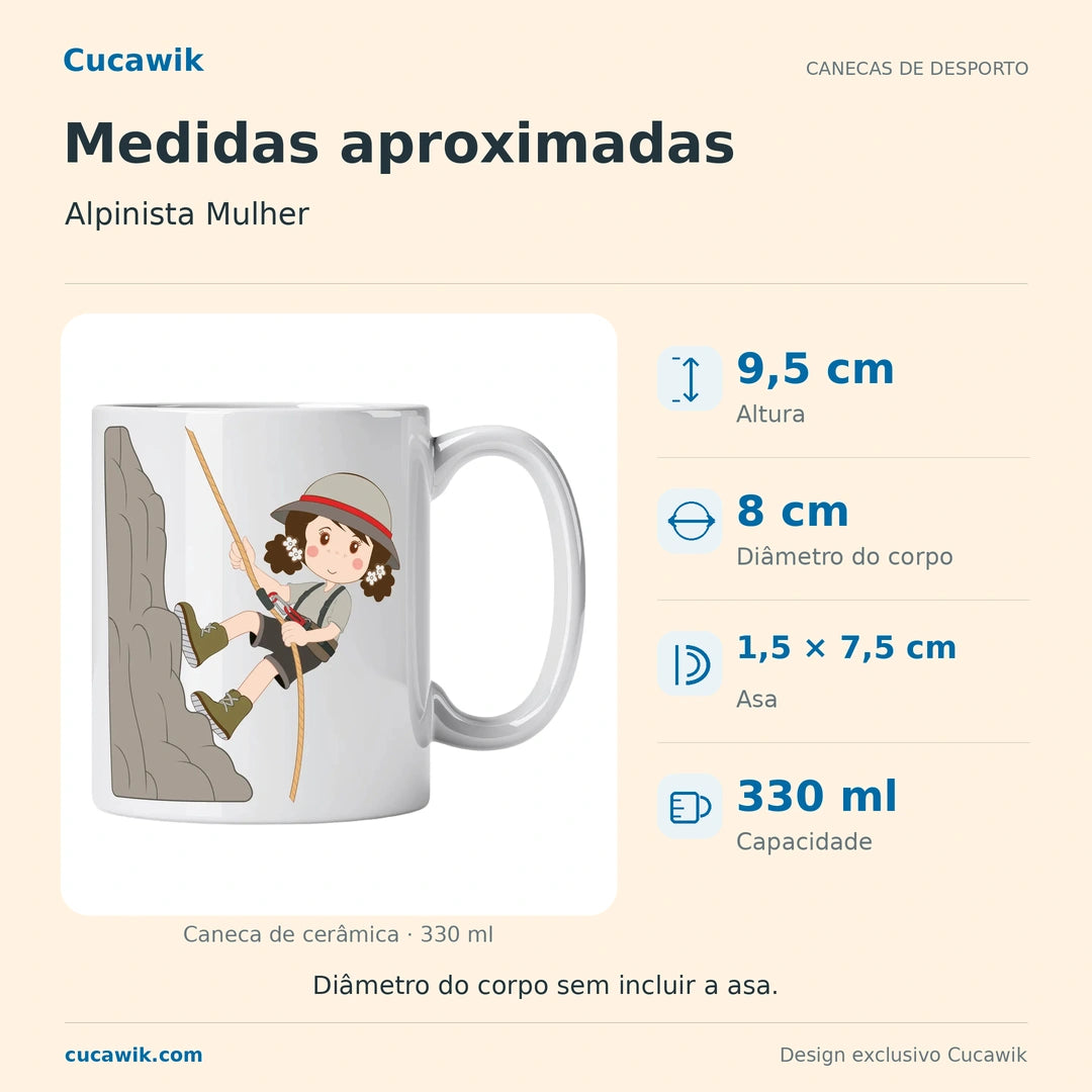 Caneca de Cerâmica Alpinista Mulher — Medidas aproximadas | Cucawik