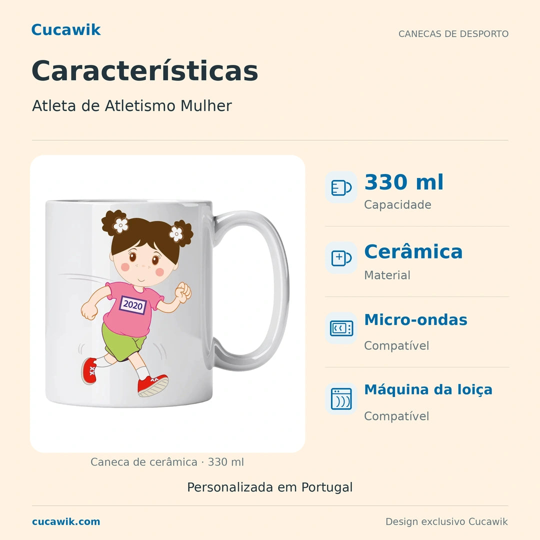 Caneca de Cerâmica Atleta de Atletismo Mulher — Características | Cucawik
