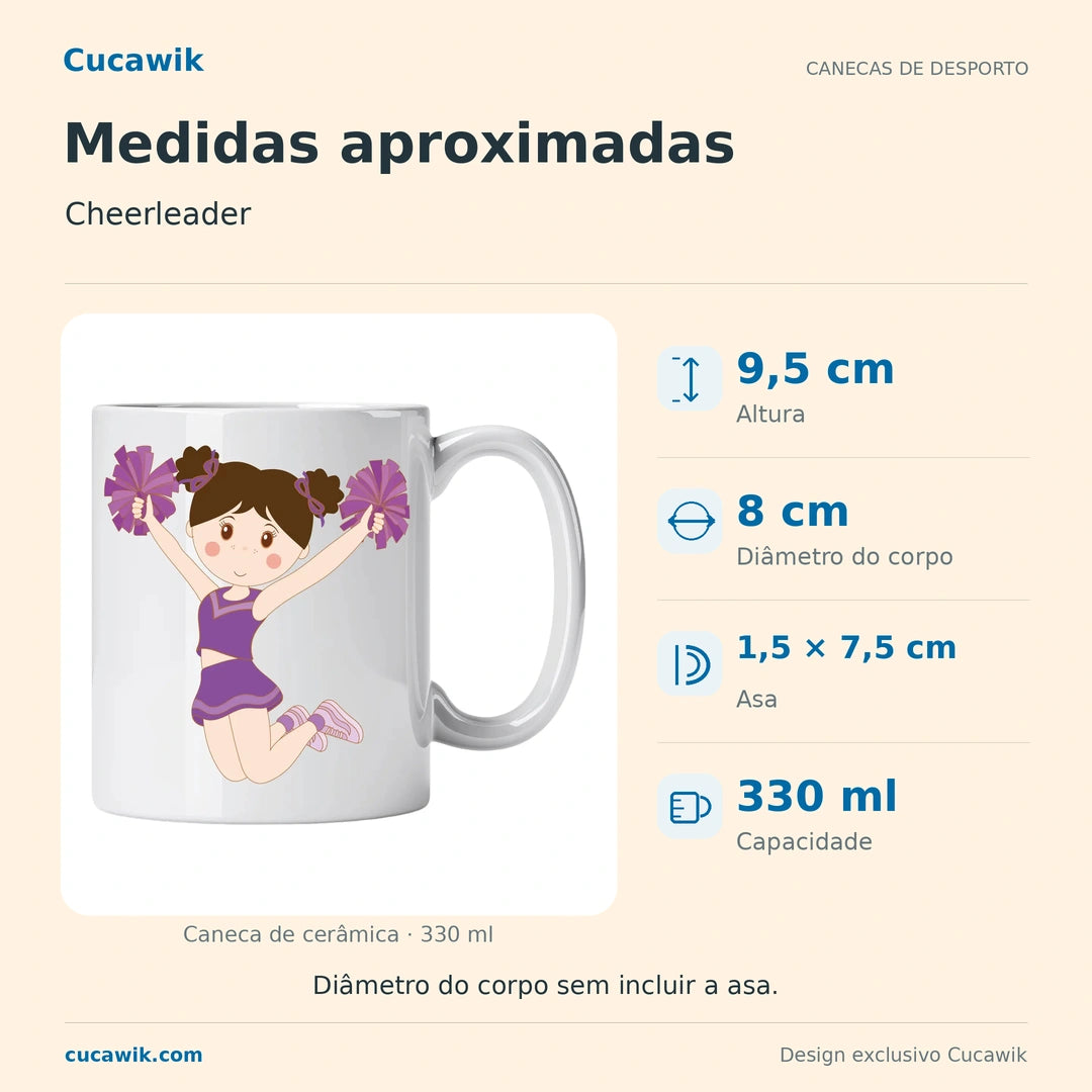 Caneca de Cerâmica Cheerleader — Medidas aproximadas | Cucawik