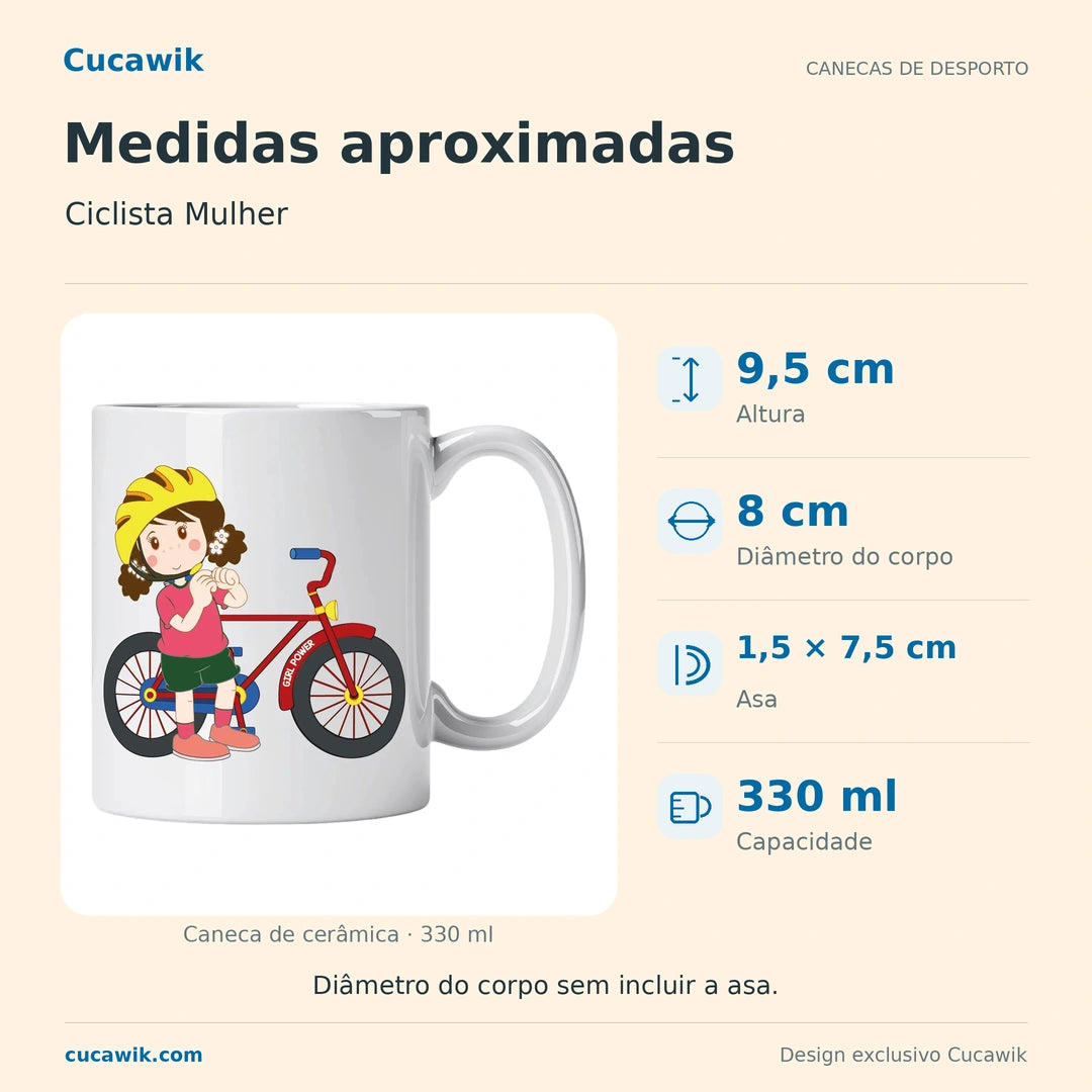 Caneca de Cerâmica Ciclista Mulher — Medidas aproximadas | Cucawik