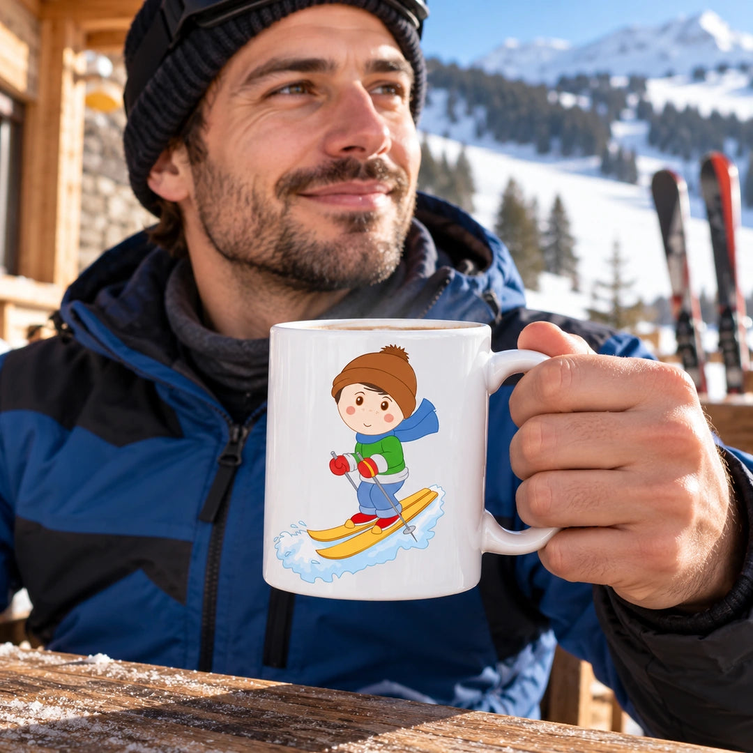 Caneca de Cerâmica Esquiador em utilização | Cucawik