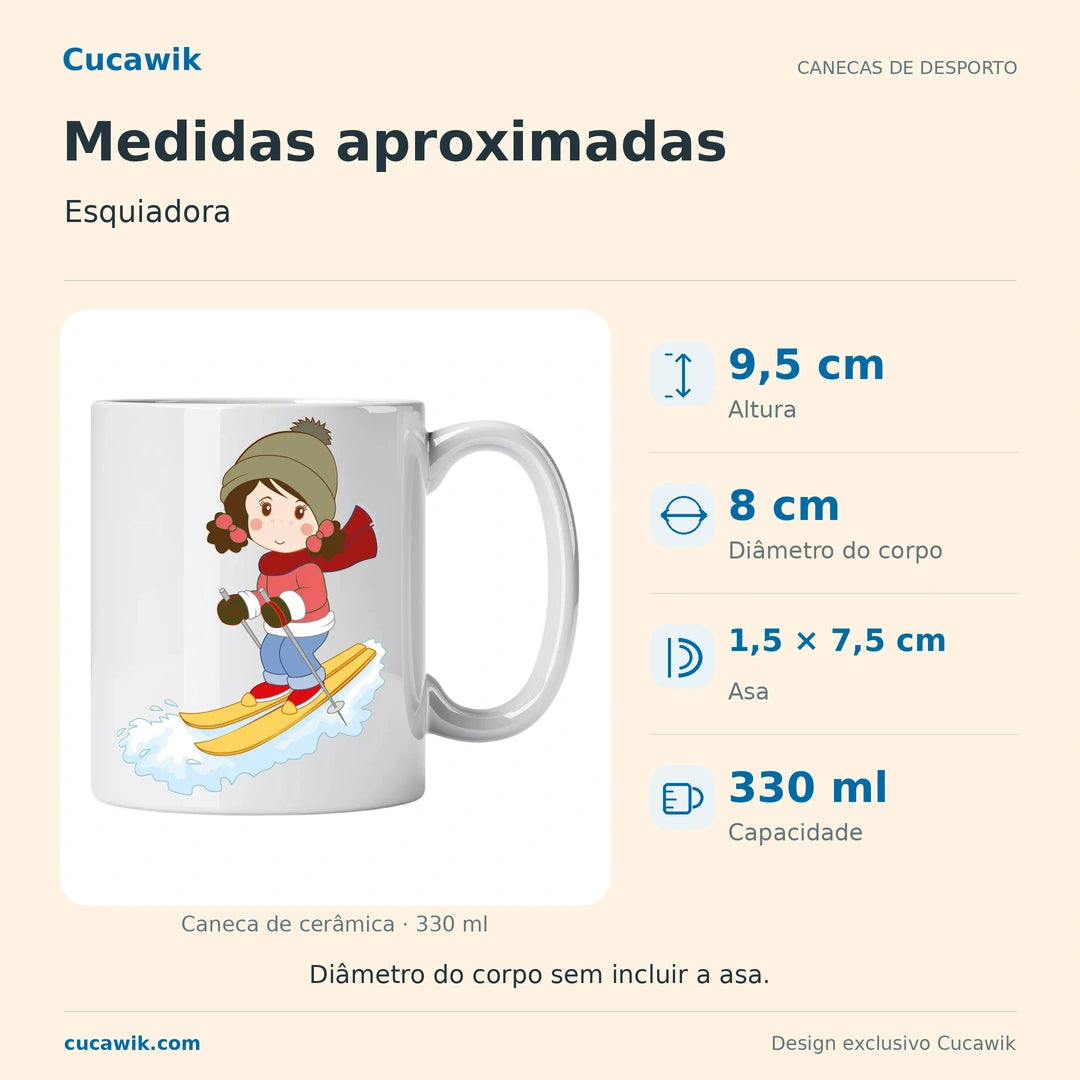 Caneca de Cerâmica Esquiadora — Medidas aproximadas | Cucawik