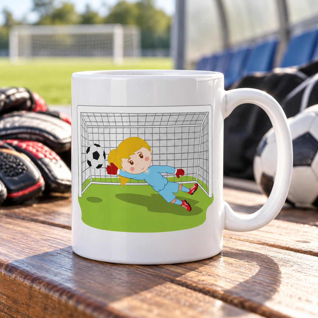 Caneca de Cerâmica Guarda-Redes de Futebol Mulher em ambiente lifestyle | Cucawik