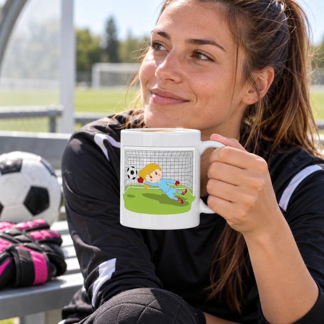 Caneca de Cerâmica Guarda-Redes de Futebol Mulher em utilização | Cucawik