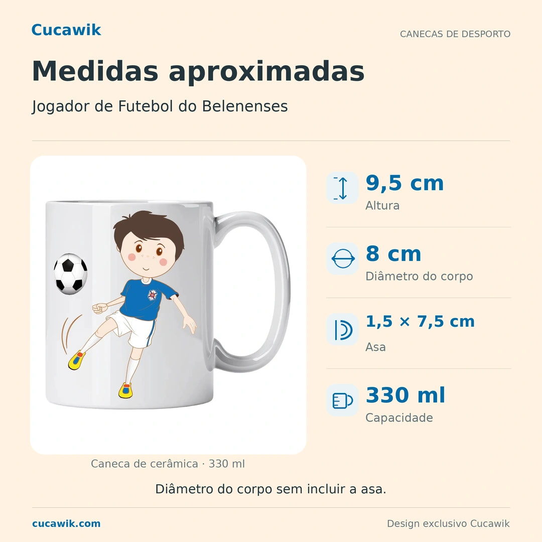 Caneca de Cerâmica Jogador de Futebol do Belenenses — Medidas aproximadas | Cucawik