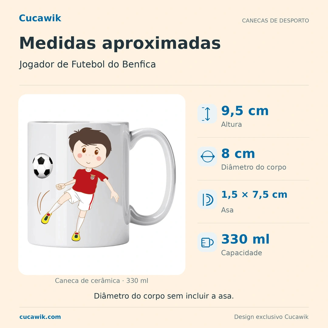 Caneca de Cerâmica Jogador de Futebol do Benfica — Medidas aproximadas | Cucawik