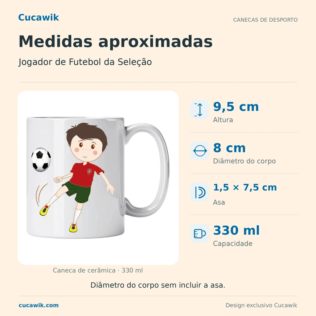 Caneca de Cerâmica Jogador de Futebol da Seleção — Medidas aproximadas | Cucawik