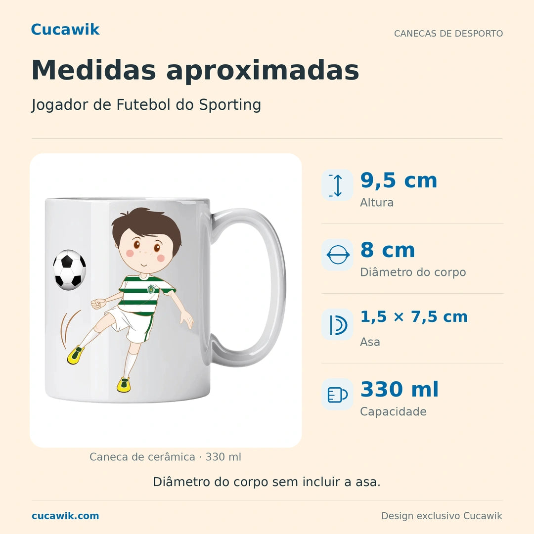 Caneca de Cerâmica Jogador de Futebol do Sporting — Medidas aproximadas | Cucawik