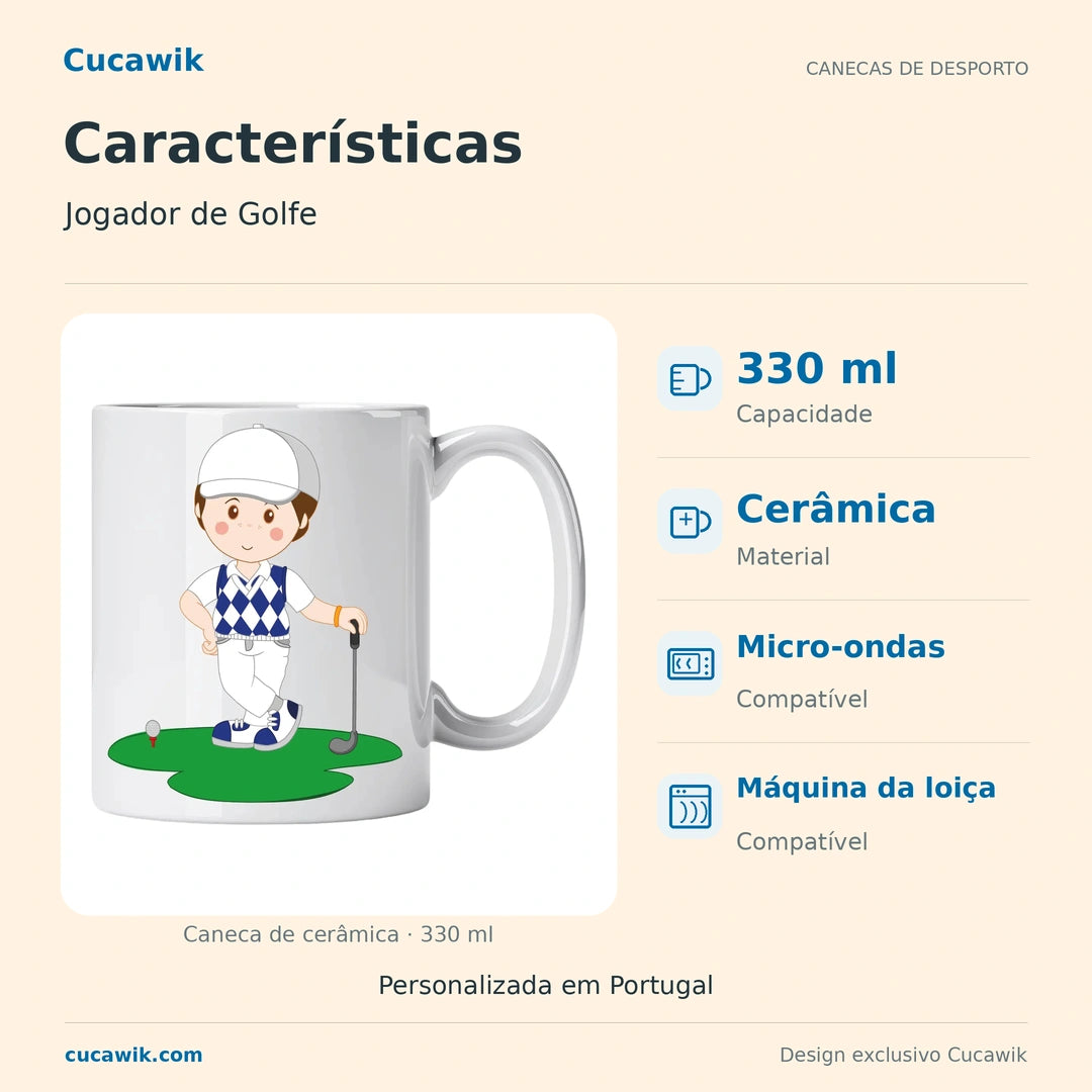 Caneca de Cerâmica Jogador de Golfe — Características | Cucawik