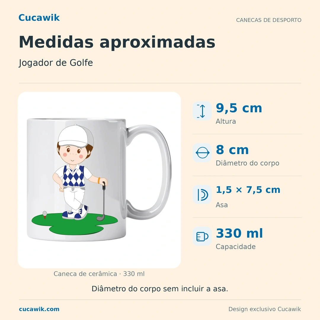 Caneca de Cerâmica Jogador de Golfe — Medidas aproximadas | Cucawik
