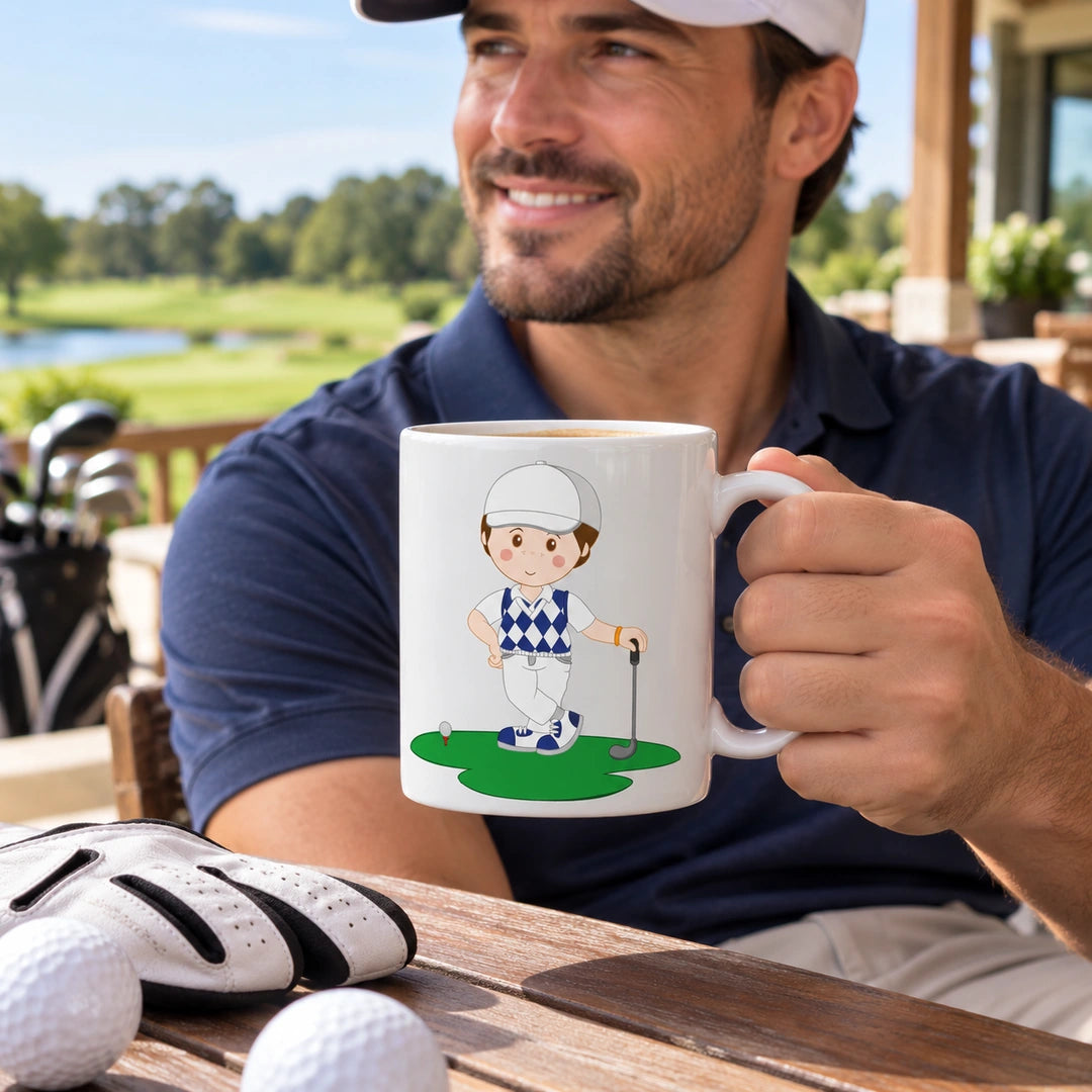 Caneca de Cerâmica Jogador de Golfe em utilização | Cucawik
