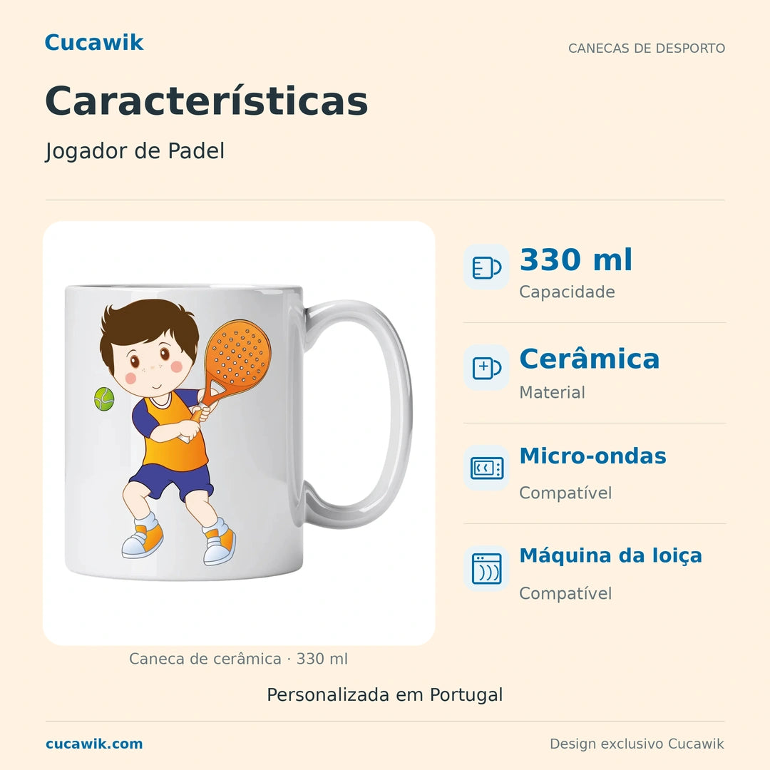 Caneca de Cerâmica Jogador de Padel — Características | Cucawik