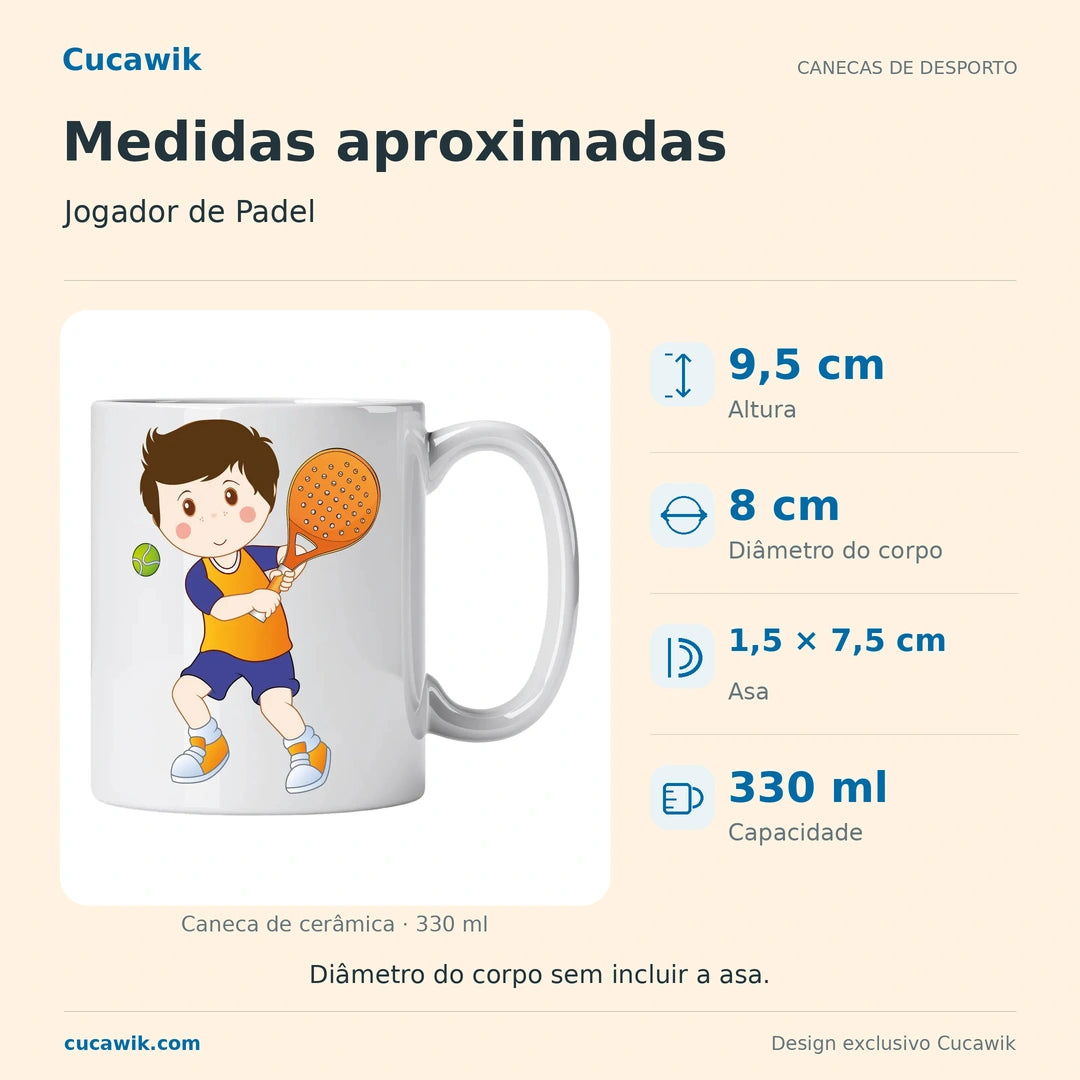 Caneca de Cerâmica Jogador de Padel — Medidas aproximadas | Cucawik