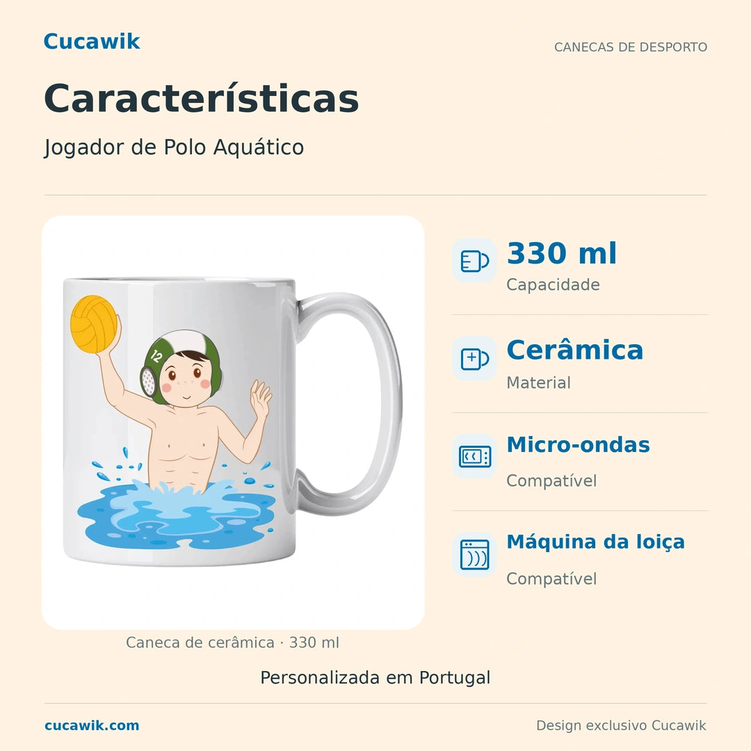 Caneca de Cerâmica Jogador de Polo Aquático — Características | Cucawik