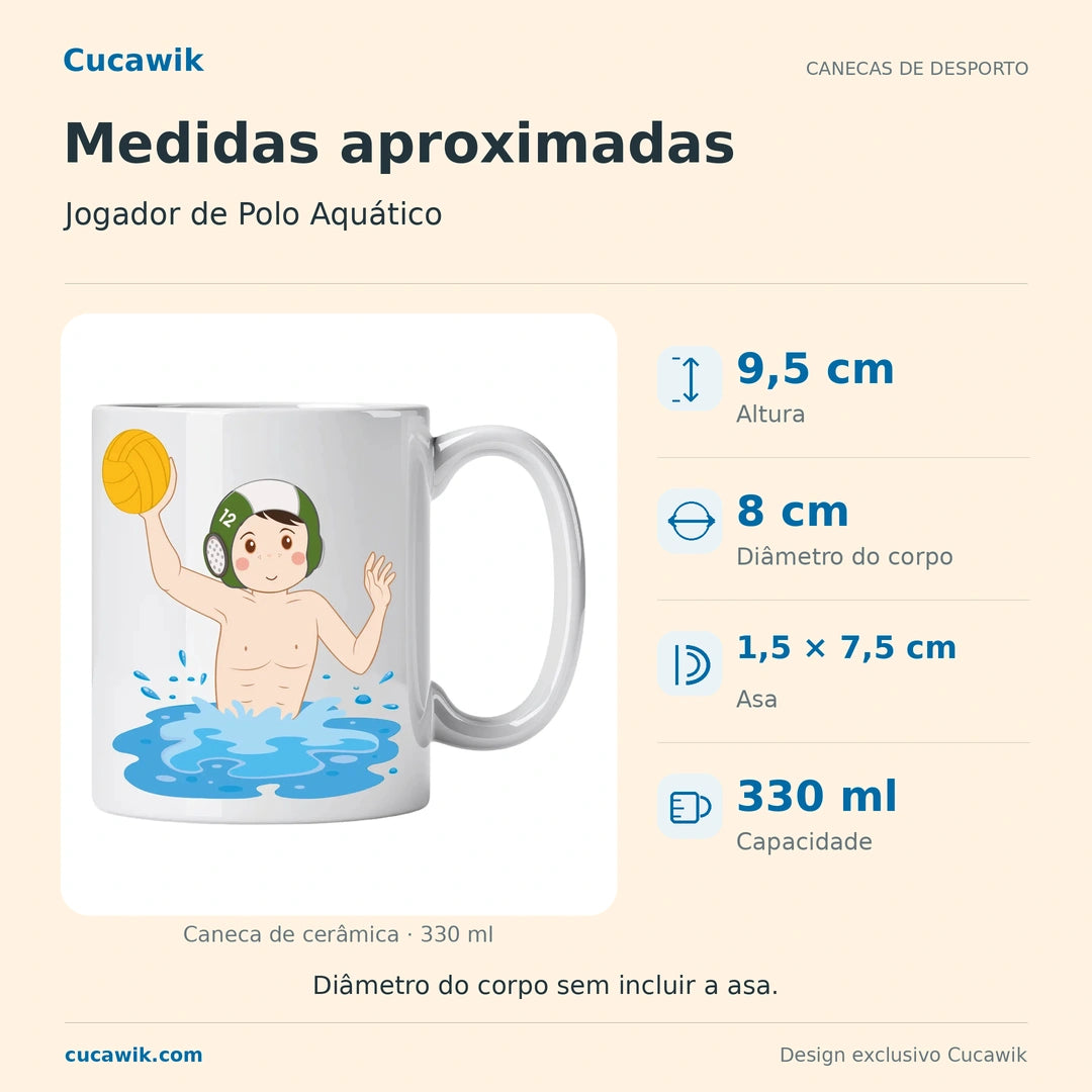 Caneca de Cerâmica Jogador de Polo Aquático — Medidas aproximadas | Cucawik