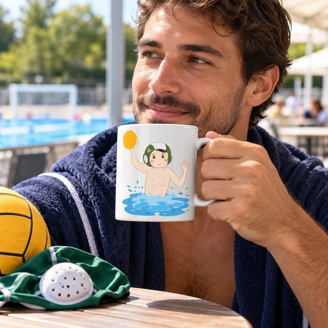 Caneca de Cerâmica Jogador de Polo Aquático em utilização | Cucawik