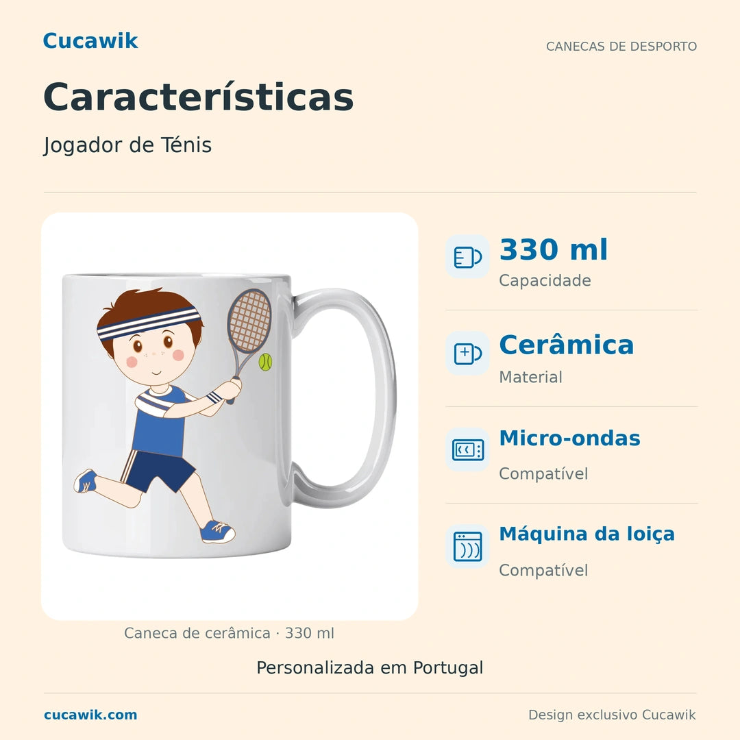 Caneca de Cerâmica Jogador de Ténis — Características | Cucawik