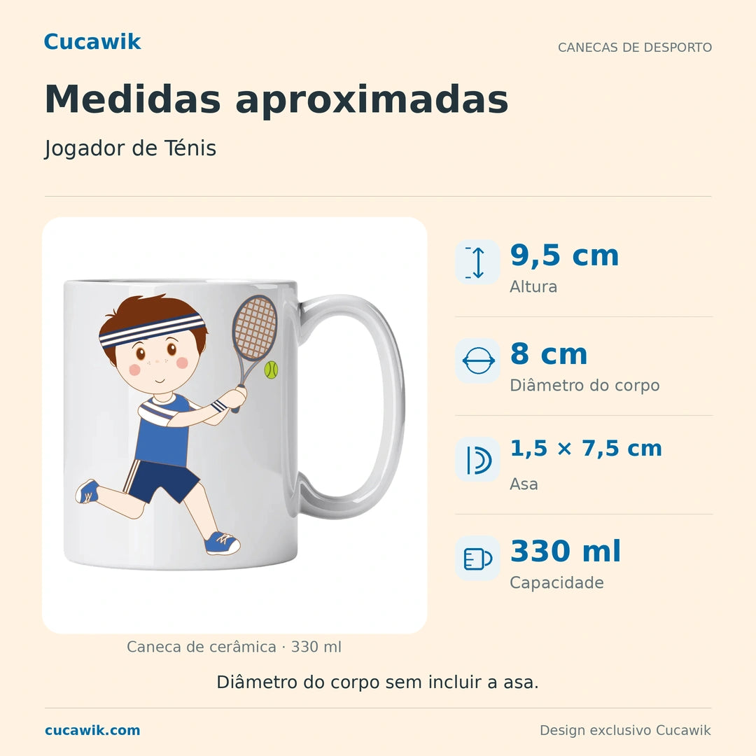 Caneca de Cerâmica Jogador de Ténis — Medidas aproximadas | Cucawik