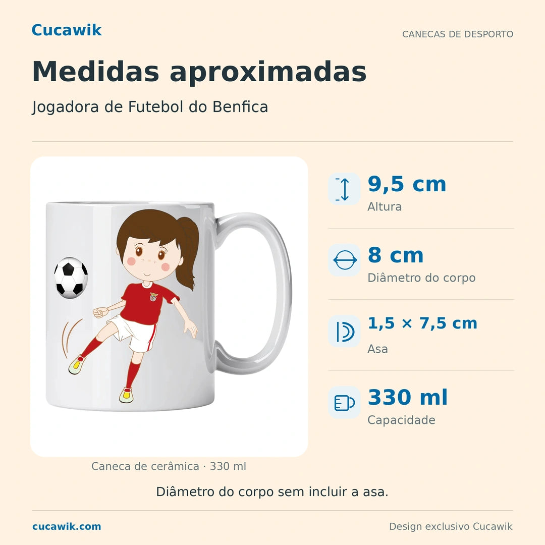 Caneca de Cerâmica Jogadora de Futebol do Benfica — Medidas aproximadas | Cucawik