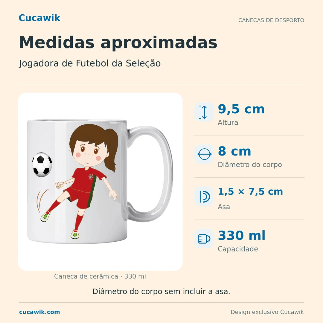 Caneca de Cerâmica Jogadora de Futebol da Seleção — Medidas aproximadas | Cucawik