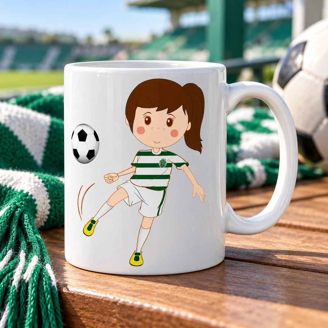 Caneca de Cerâmica Jogadora de Futebol do Sporting em ambiente lifestyle | Cucawik