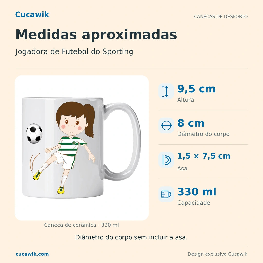 Caneca de Cerâmica Jogadora de Futebol do Sporting — Medidas aproximadas | Cucawik