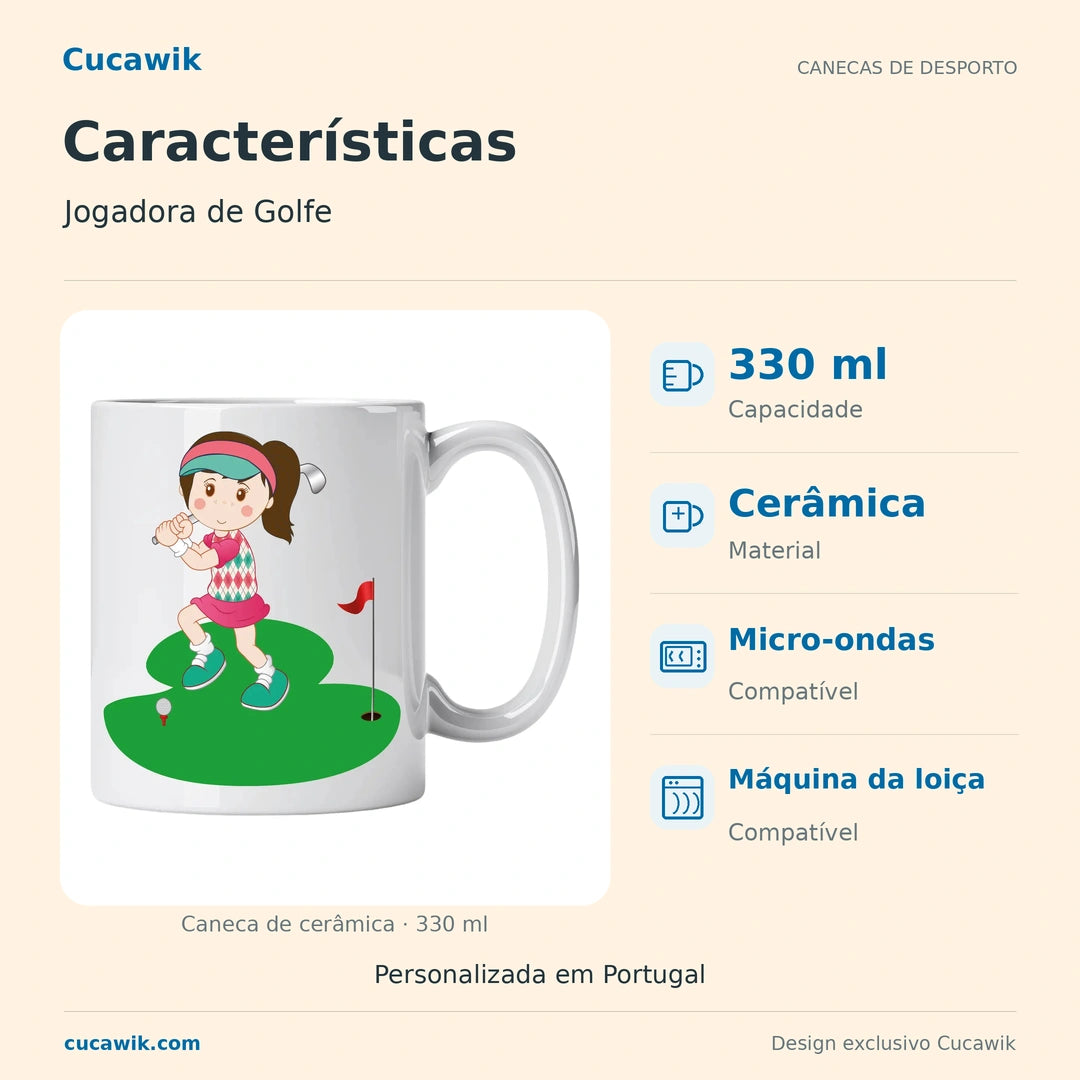 Caneca de Cerâmica Jogadora de Golfe — Características | Cucawik