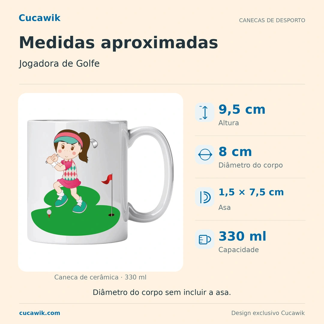 Caneca de Cerâmica Jogadora de Golfe — Medidas aproximadas | Cucawik
