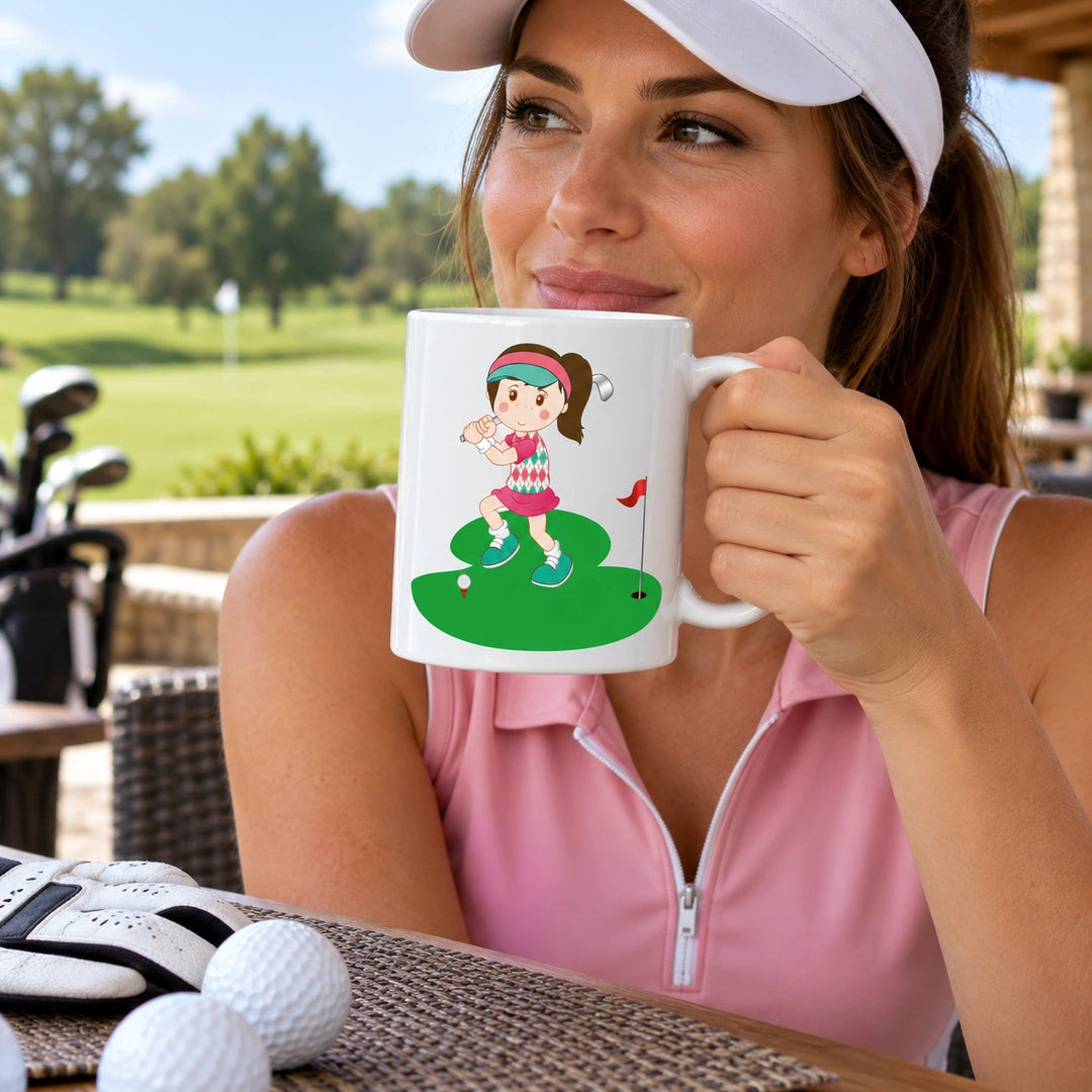 Caneca de Cerâmica Jogadora de Golfe em utilização | Cucawik