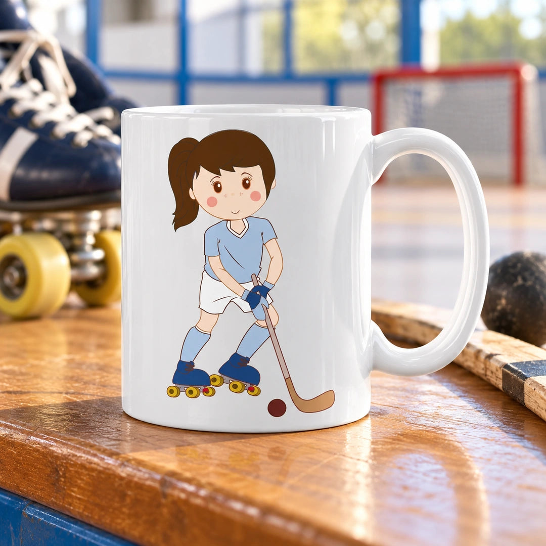 Caneca de Cerâmica Jogadora de Hóquei em Patins em ambiente lifestyle | Cucawik
