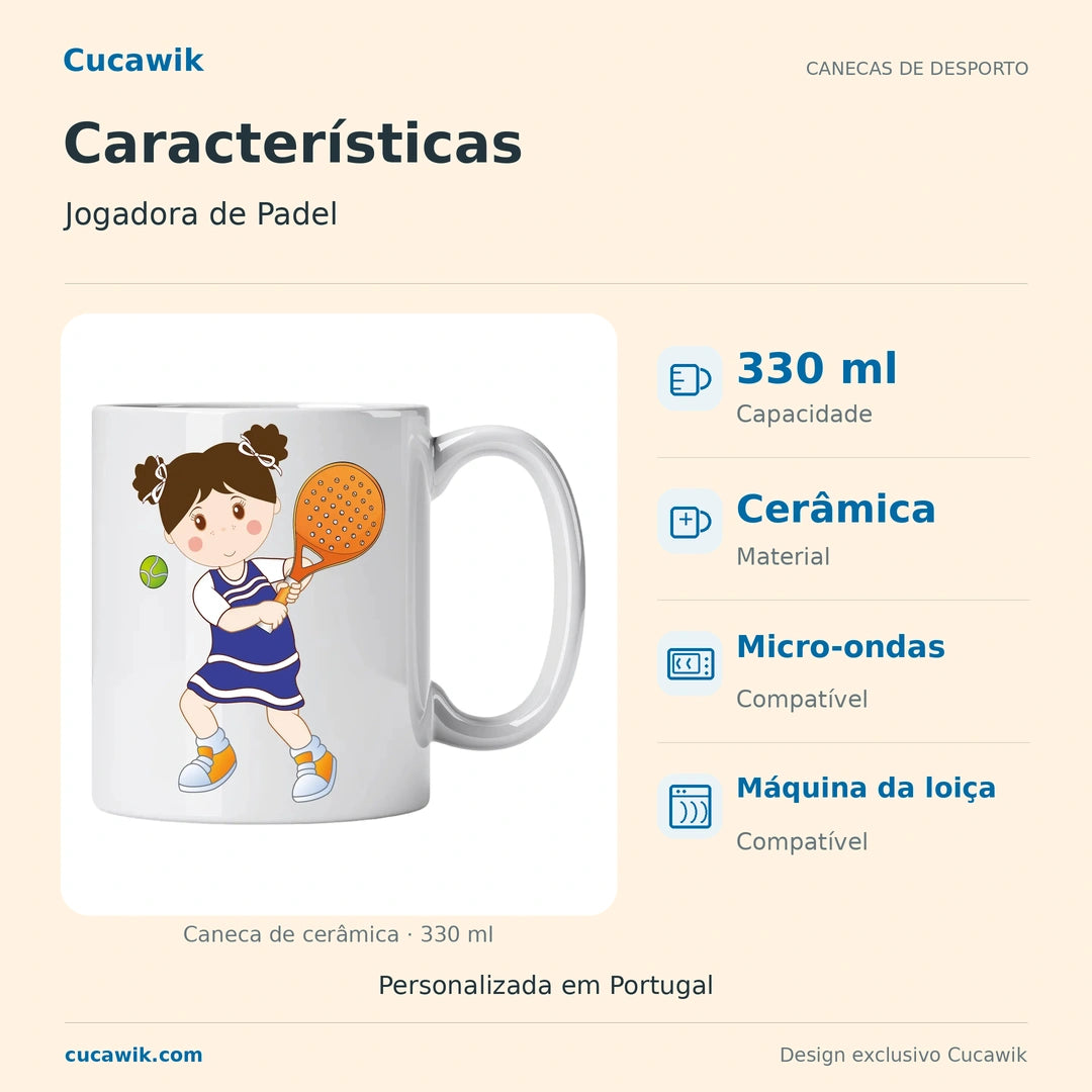 Caneca de Cerâmica Jogadora de Padel — Características | Cucawik