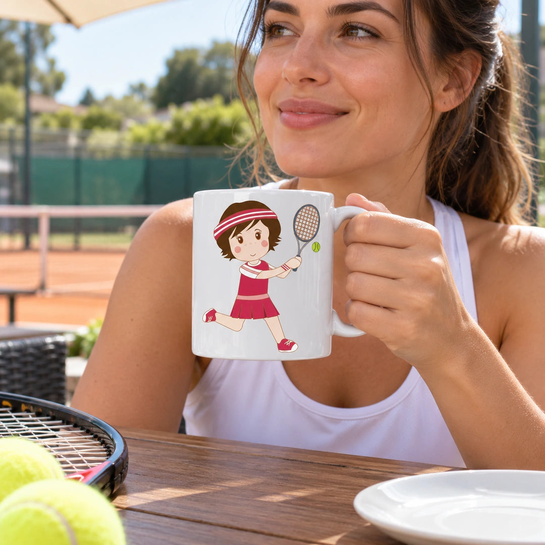 Caneca de Cerâmica Jogadora de Ténis em utilização | Cucawik