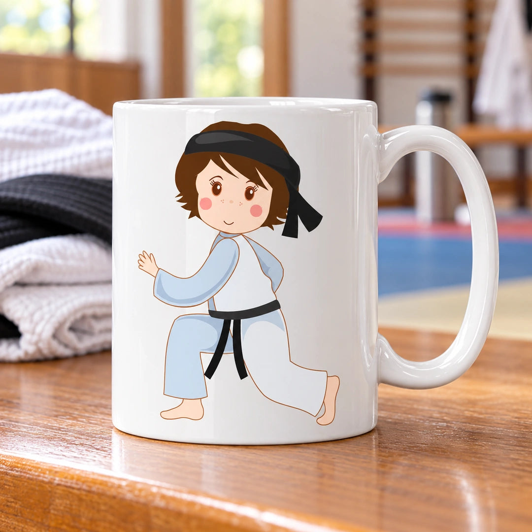 Caneca de Cerâmica Judoca ou Karateca Mulher em ambiente lifestyle | Cucawik