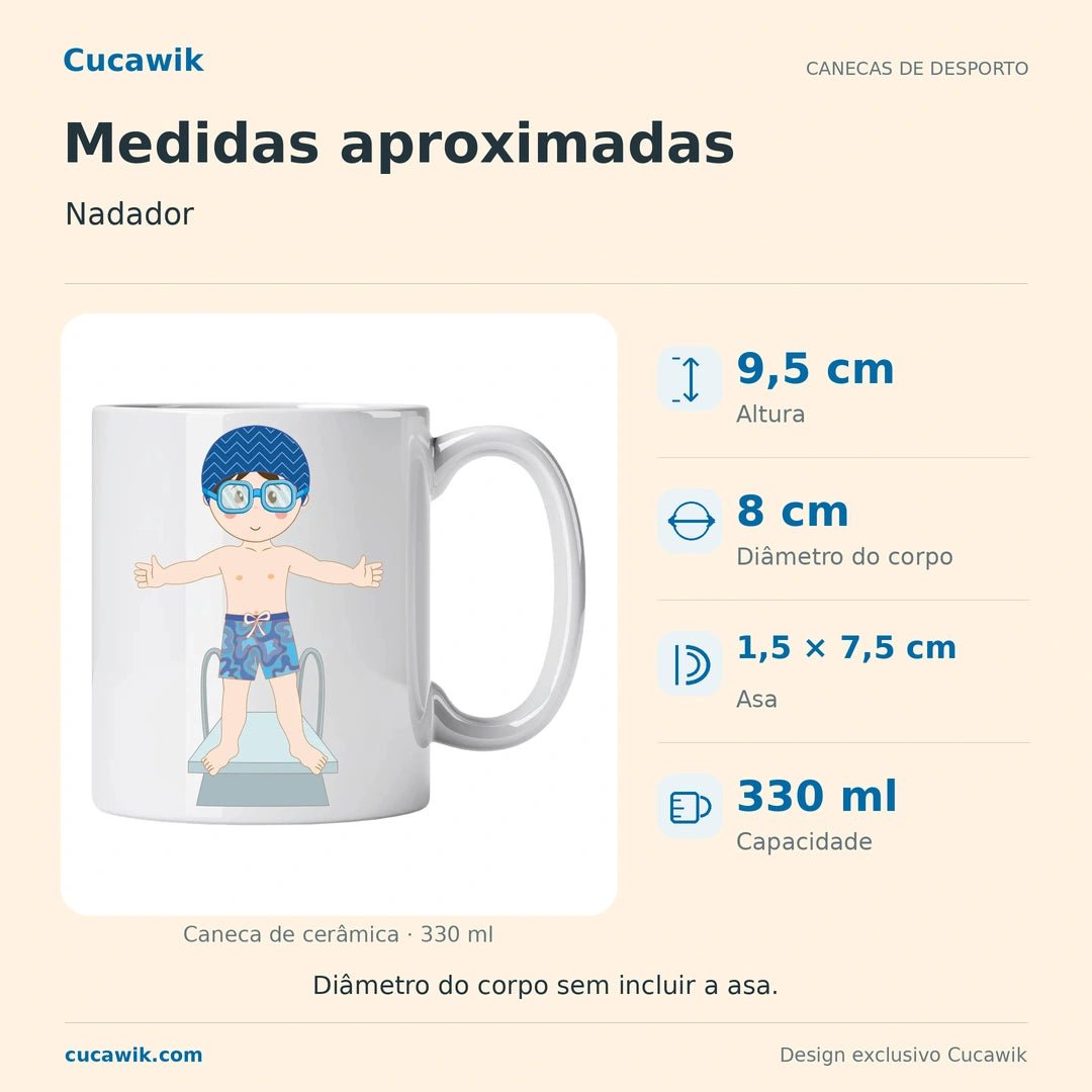 Caneca de Cerâmica Nadador — Medidas aproximadas | Cucawik