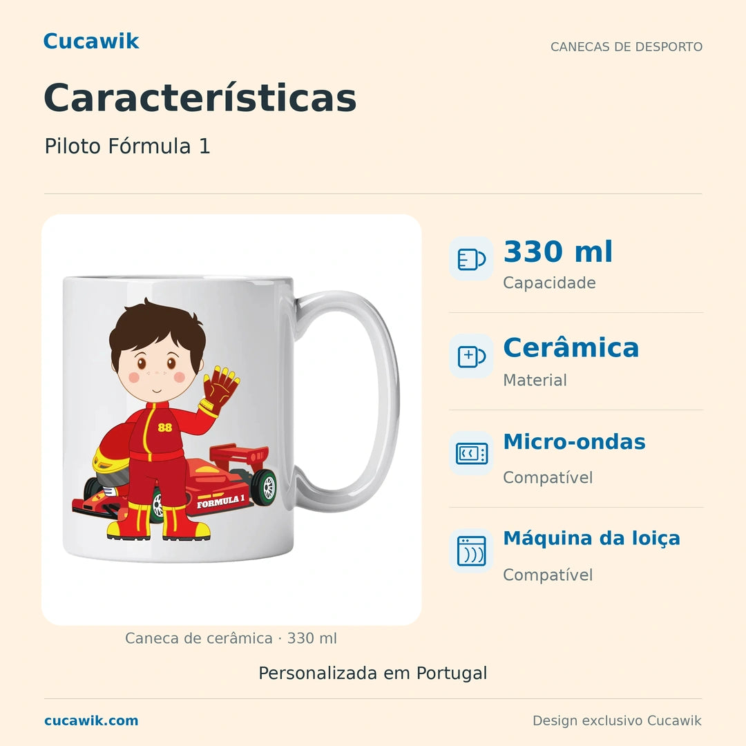 Caneca de Cerâmica Piloto Fórmula 1 — Características | Cucawik