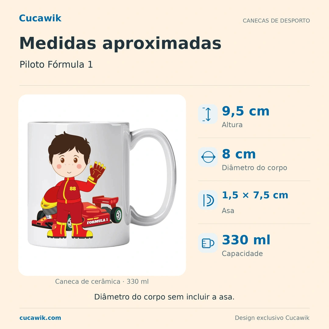 Caneca de Cerâmica Piloto Fórmula 1 — Medidas aproximadas | Cucawik
