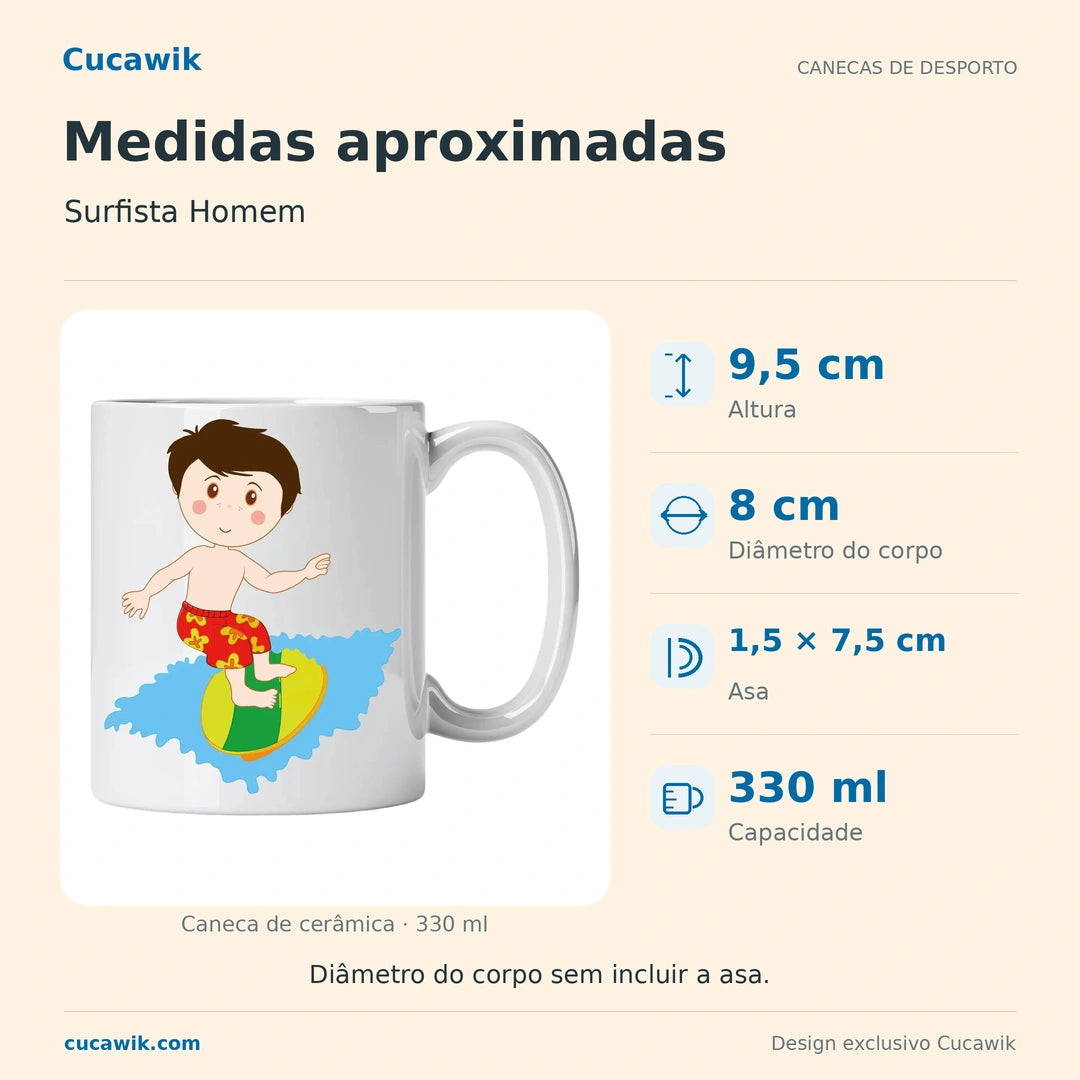 Caneca de Cerâmica Surfista Homem — Medidas aproximadas | Cucawik