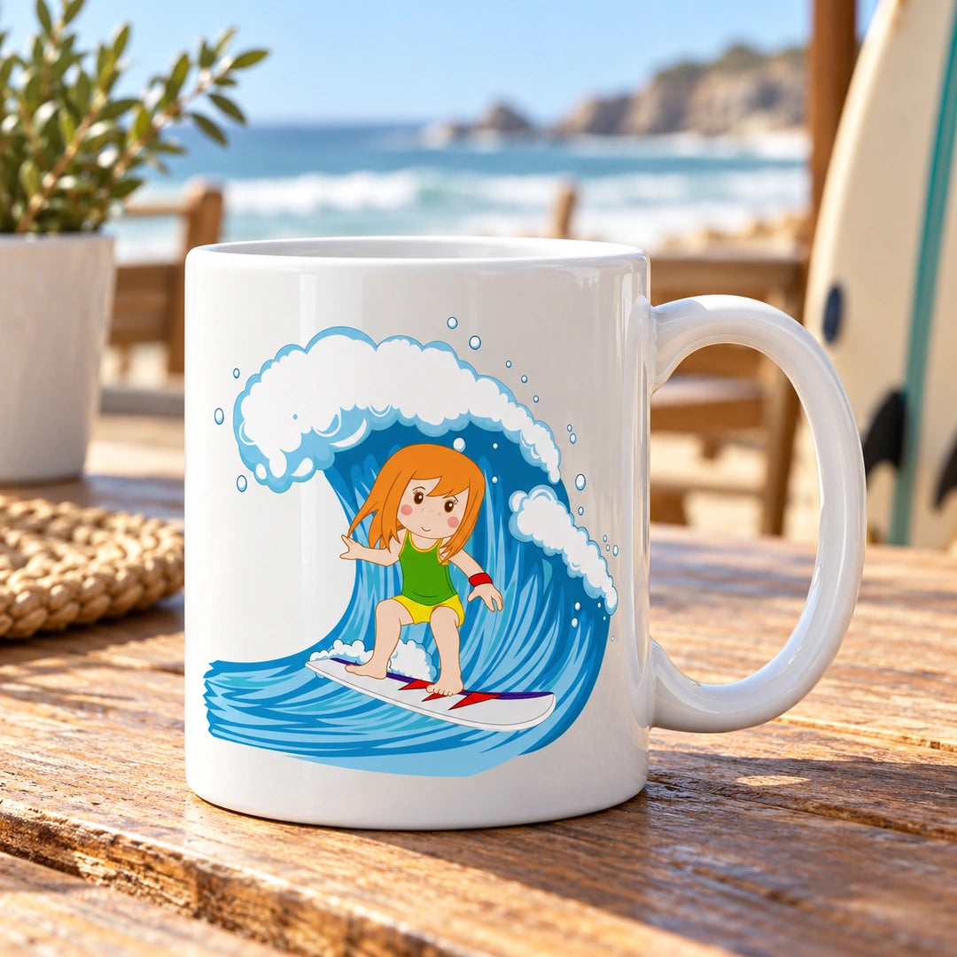 Caneca de Cerâmica Surfista Mulher em ambiente lifestyle | Cucawik