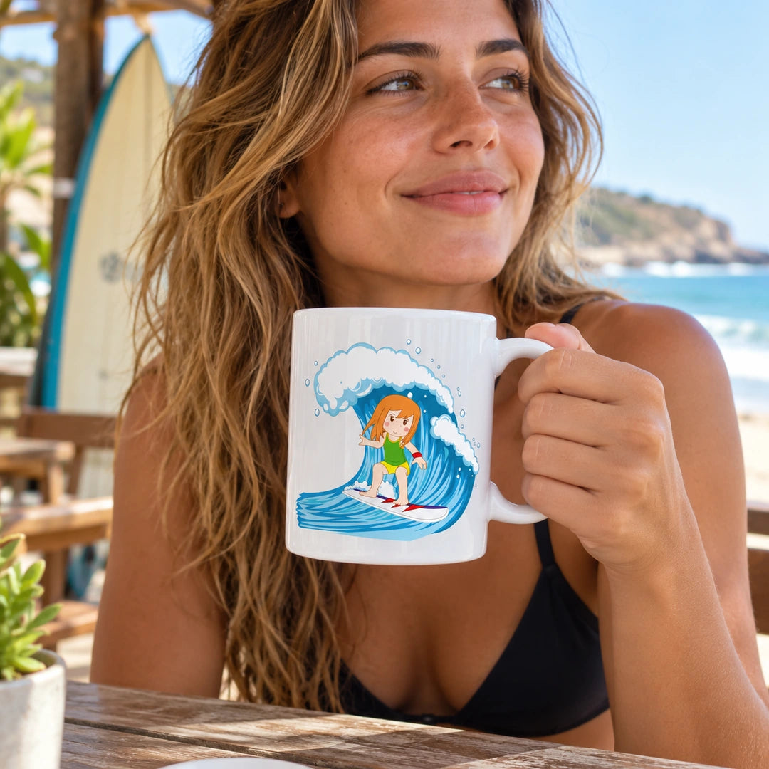 Caneca de Cerâmica Surfista Mulher em utilização | Cucawik