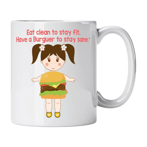 aneca com Boneca Hambúrguer e Frase "Eat Clean to Stay Fit. Have a Burger to Stay Sane." Cucawik - Cucawik