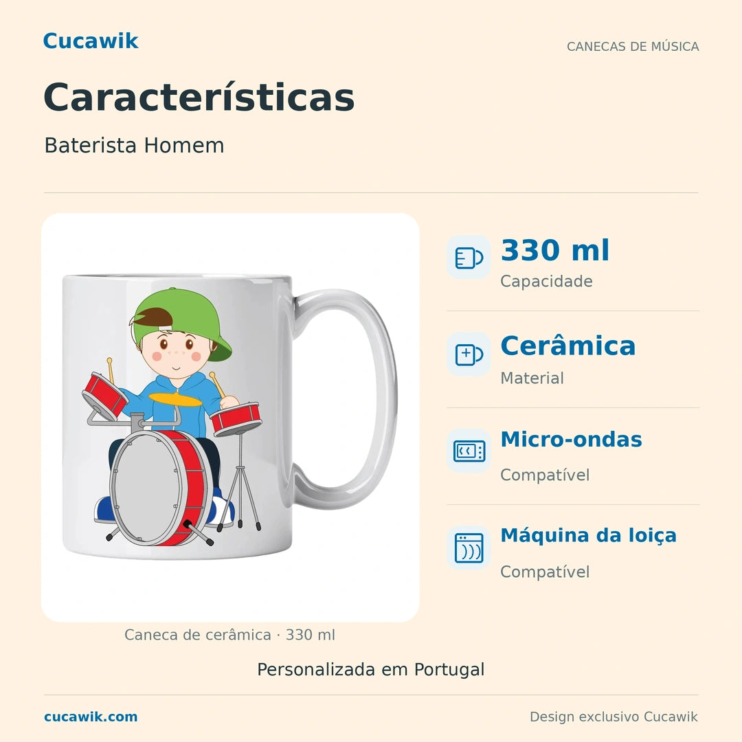 Caneca de Cerâmica Baterista Homem — Características | Cucawik