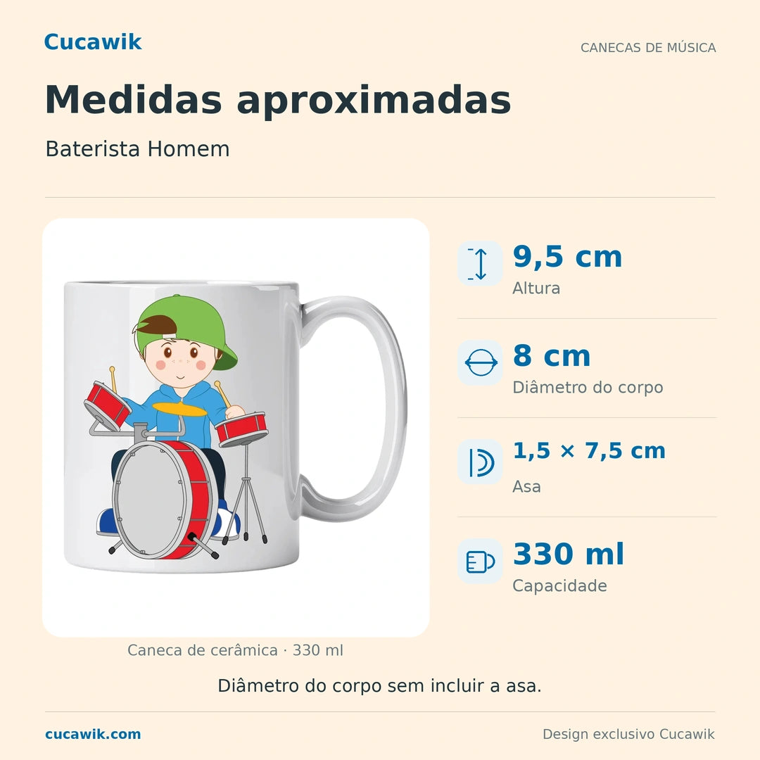 Caneca de Cerâmica Baterista Homem — Medidas aproximadas | Cucawik