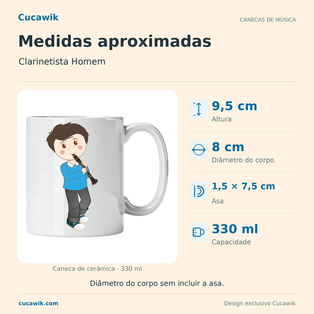 Caneca de Cerâmica Clarinetista Homem — Medidas aproximadas | Cucawik