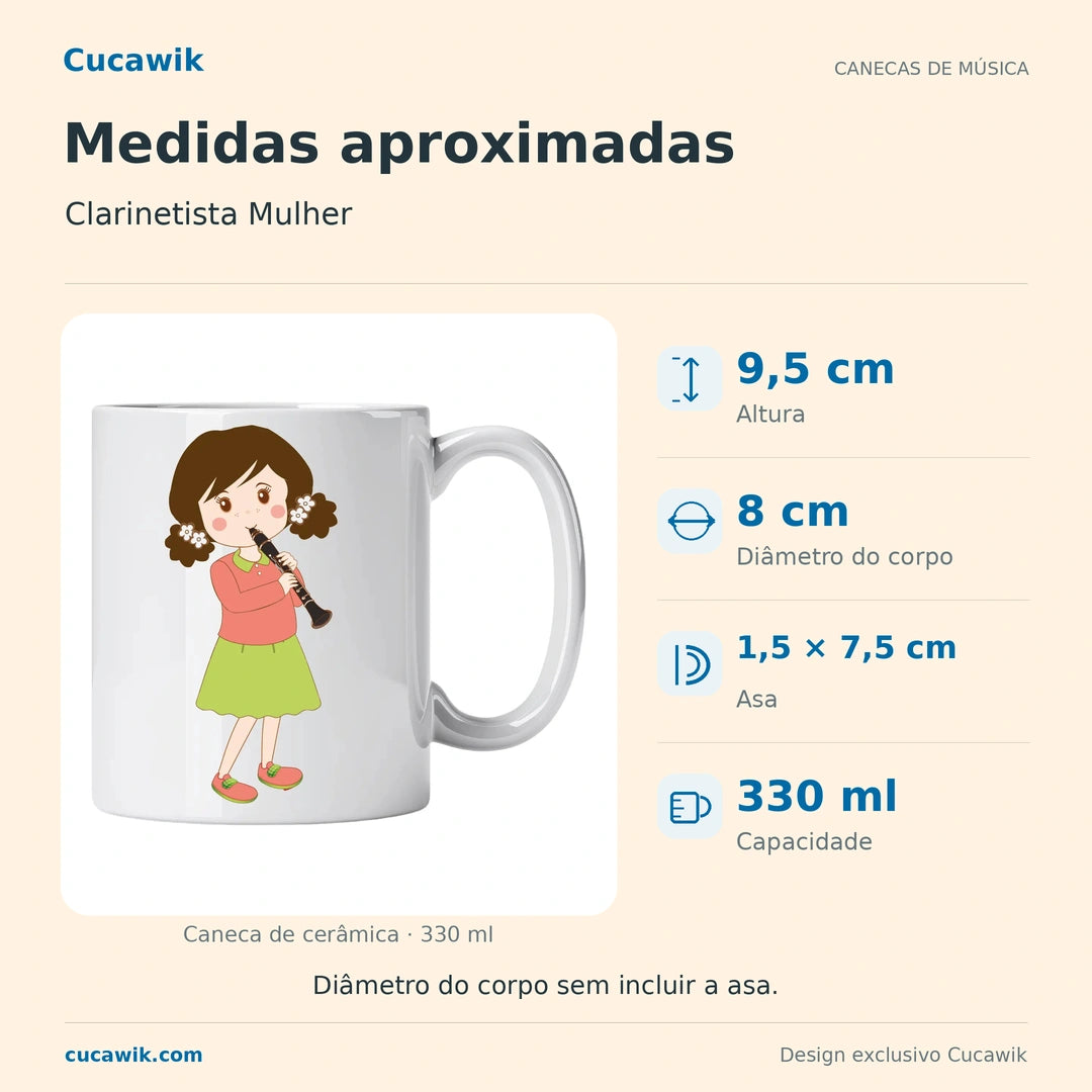 Caneca de Cerâmica Clarinetista Mulher — Medidas aproximadas | Cucawik