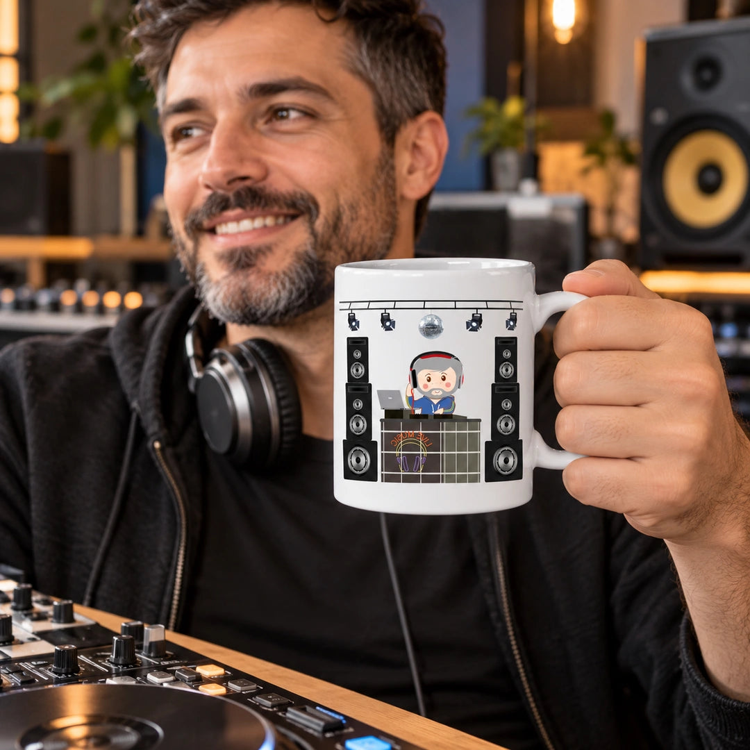 Caneca de Cerâmica DJ Homem em utilização | Cucawik